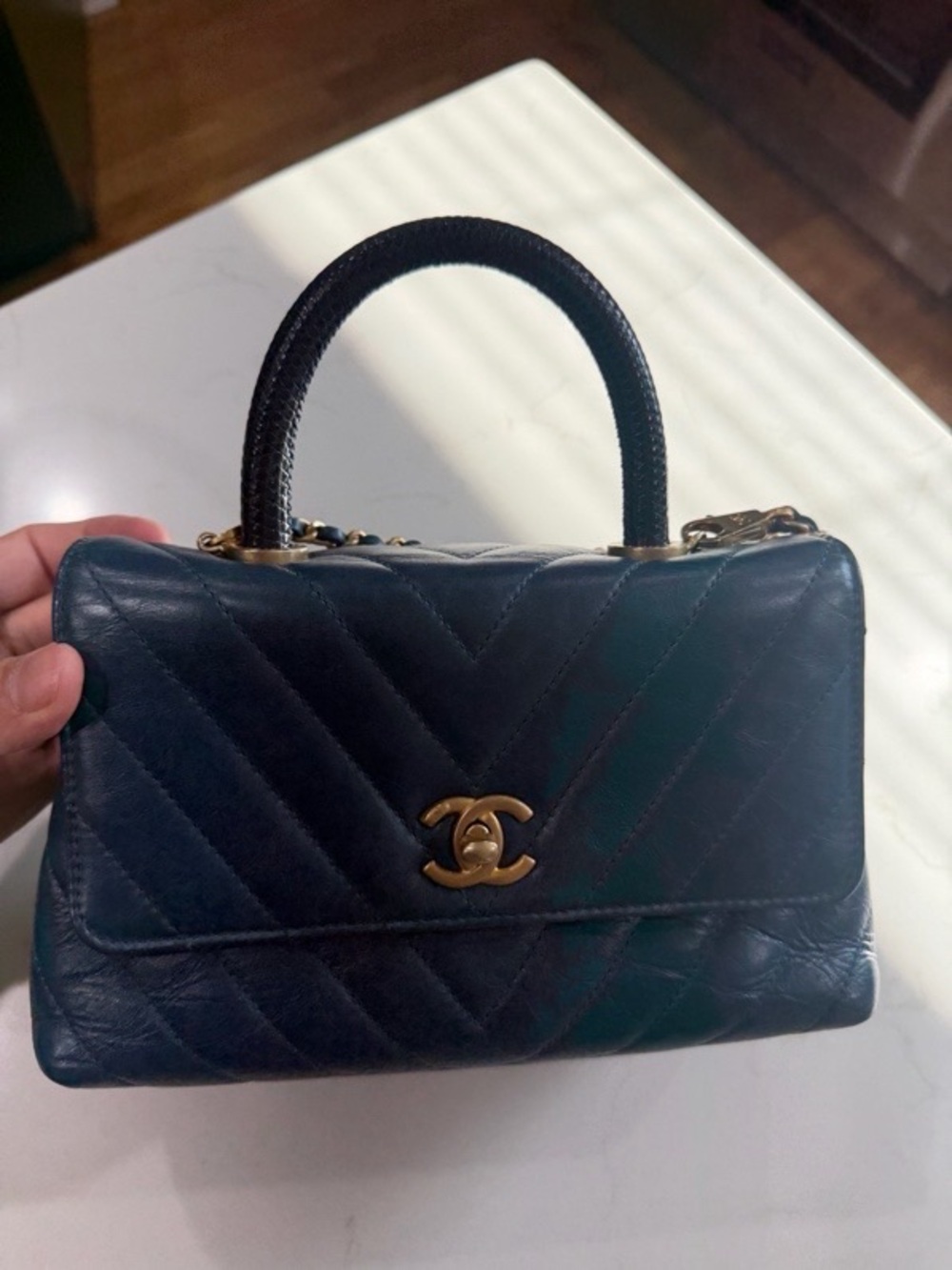 CHANEL Quilted Top Handle Satchel in Navy with Gold Hardware